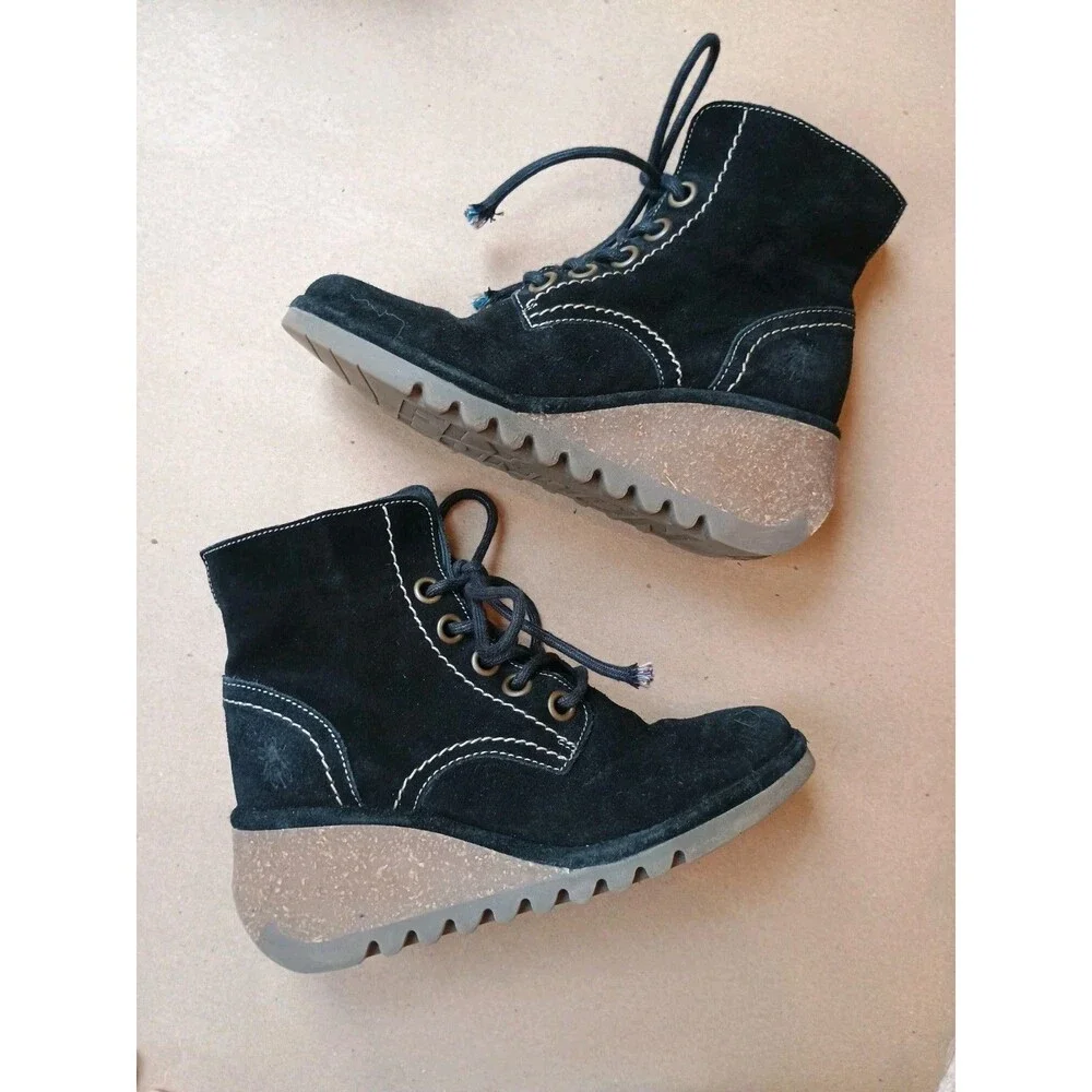 Fly London Nero black suede leather wedge booties Sz EU 37 US 6